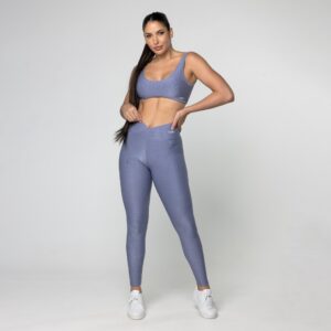 Conjunto Fitness Feminino Azul Jeans Academia Poliamida Top e Legging
