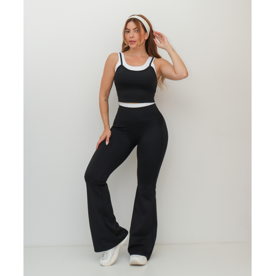 Conjunto Fitness Feminino Esportivo Top e Calça Flare Cintura Alta