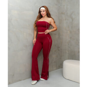 Conjunto Fitness Feminino Top Faixa e Calça Flare Cintura Alta