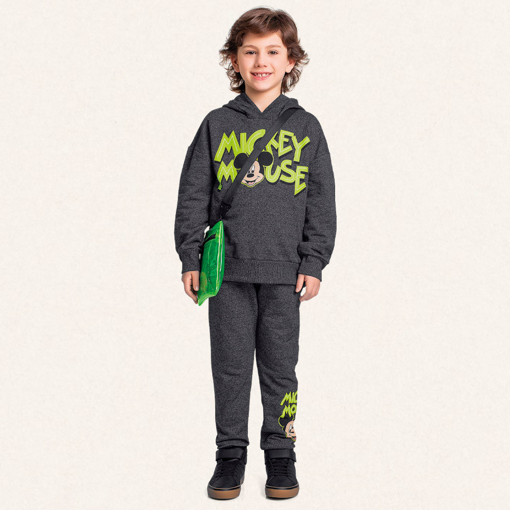 Conjunto infantil blusão com capuz e calça em moletom Mickey Mouse