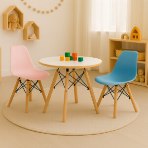 Conjunto Mesa Eames Infantil 60cm com 2 Cadeiras para Brinquedoteca e