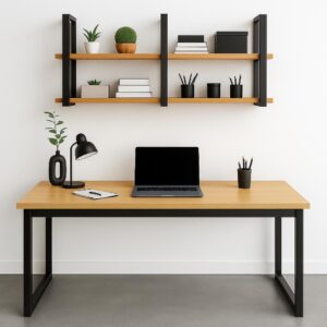 Conjunto Mesa Escritório Prateleira Dupla 120cm em Madeira e Metalon