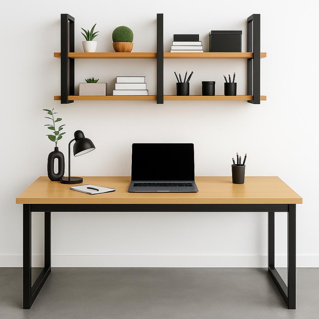 Conjunto Mesa Escritório Prateleira Dupla 120cm em Madeira e Metalon