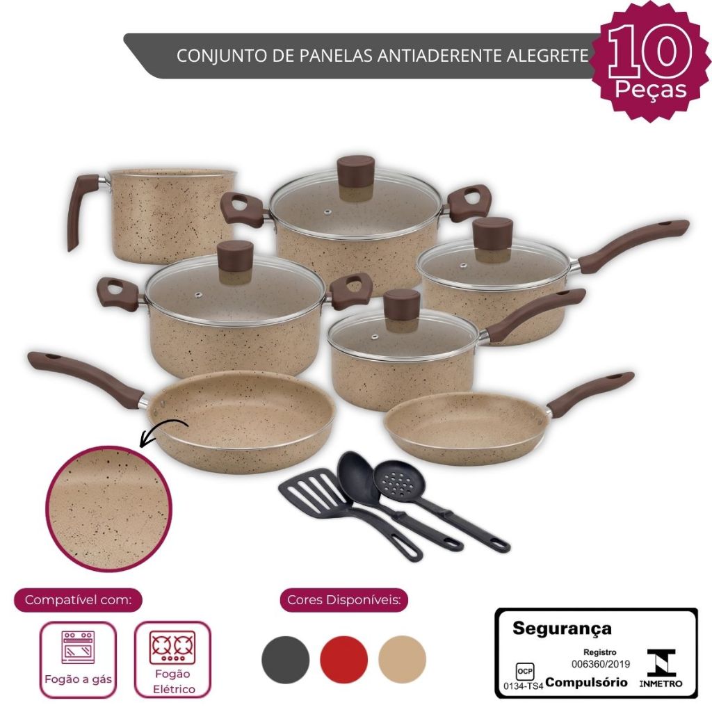 Conjunto Panelas 10 Pecas Antiaderente Alegrete Espatulas — Cozinha e Utensílios