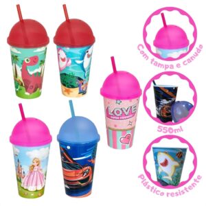 Copo Infantil Divertido 550ml Colorido com Tampa e Canudo Brinquedos