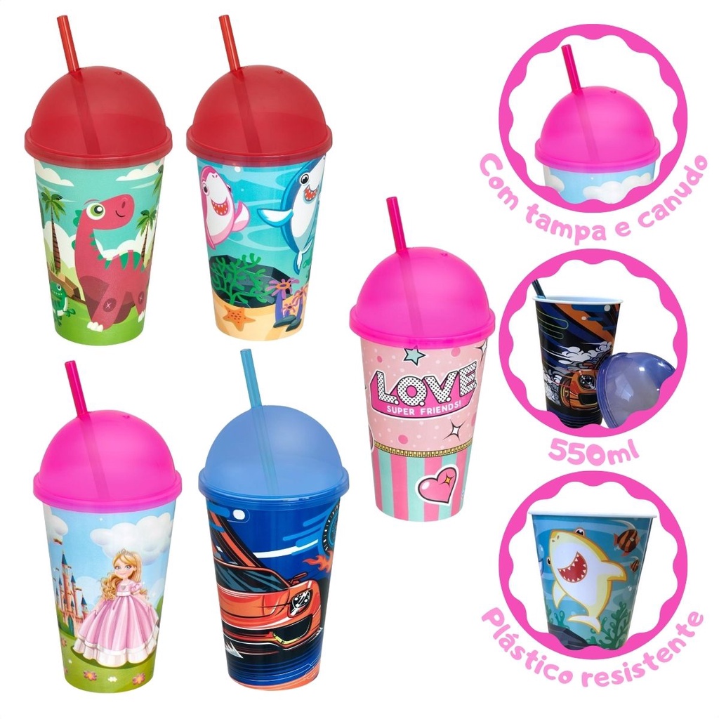 Copo Infantil Divertido 550ml Colorido com Tampa e Canudo Brinquedos