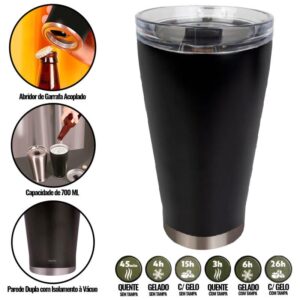 Copo Térmico de Cerveja Preto 700 ML c Tampa e Abridor Conserva até