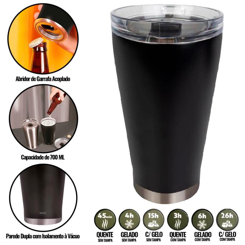 Copo Térmico de Cerveja Preto 700 ML c Tampa e Abridor Conserva até
