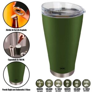 Copo Térmico de Cerveja Verde 700 ML c Tampa e Abridor Conserva até