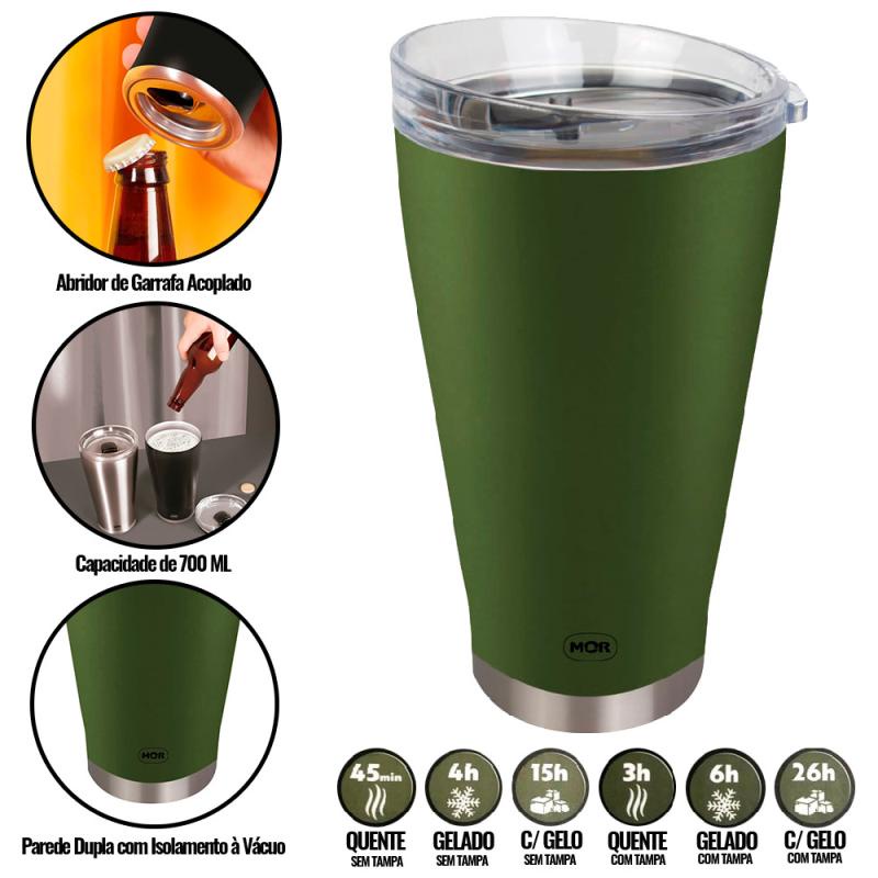 Copo Térmico de Cerveja Verde 700 ML c Tampa e Abridor Conserva até
