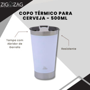 Copo Térmico para Cerveja de Inox, Branco 600ml Mantém Bebida Gelada