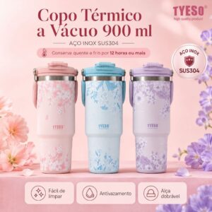 Copo Térmico Tyeso Floral Aço Inox 900ml Tampa Dupla Anti Vazamento