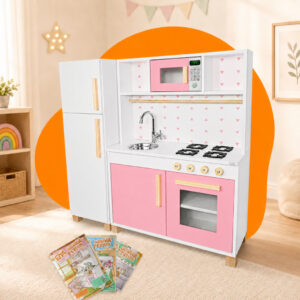 Cozinha Infantil com Geladeira Rosa Bebê Madeira Brinquedo Faz de
