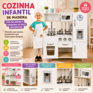Cozinha Infantil Grande Mdf Bege com Geladeira Fogão Pia Torneira e