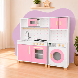 Cozinha Infantil Máquina de Lavar Madeira Rosa Brinquedo Faz de Conta