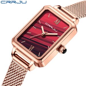 Crrju Mulher Relógio Quadrado Verde Aço Inoxidável Moda Luxo Casual
