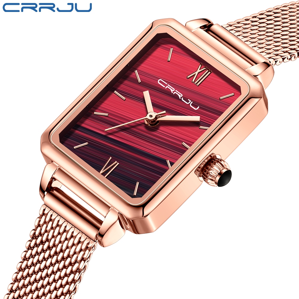 Crrju Mulher Relógio Quadrado Verde Aço Inoxidável Moda Luxo Casual