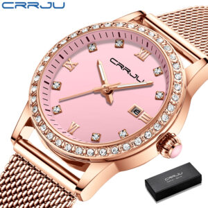 Crrju Relógio feminino casual simples de aço inoxidável à prova