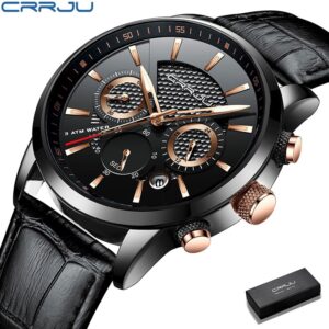 Crrju Relógio masculino casual de couro Marca de luxo Esportes à