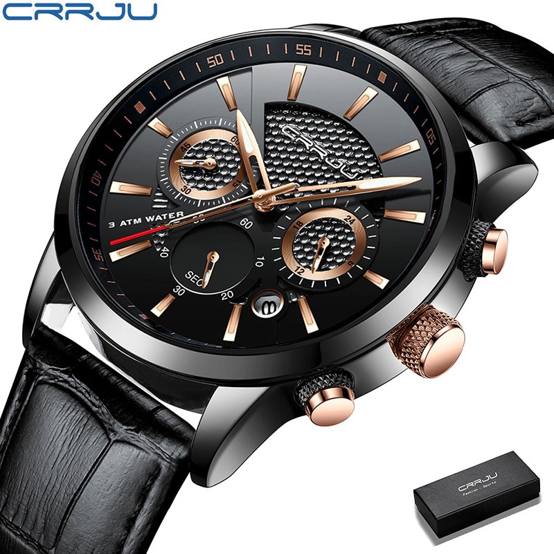 Crrju Relógio masculino casual de couro Marca de luxo Esportes à