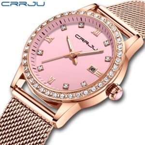 Crrju Relógios Femininos Rosa Moda Top Marca De Luxo Negócios Casual — Relógios e Óculos