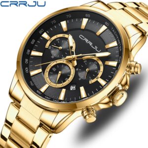 Crrju Relógios Masculinos Marca Original Aço Inoxidável Ouro Luxo