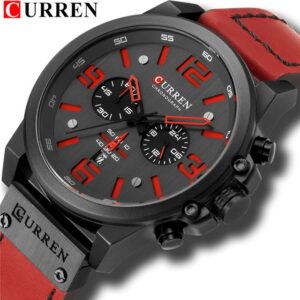 Curren Relógio Masculino Marca Original Moda Couro Vermelho Casual