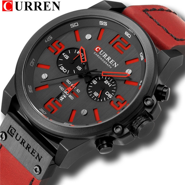 Curren Relógio Masculino Marca Original Moda Couro Vermelho Casual