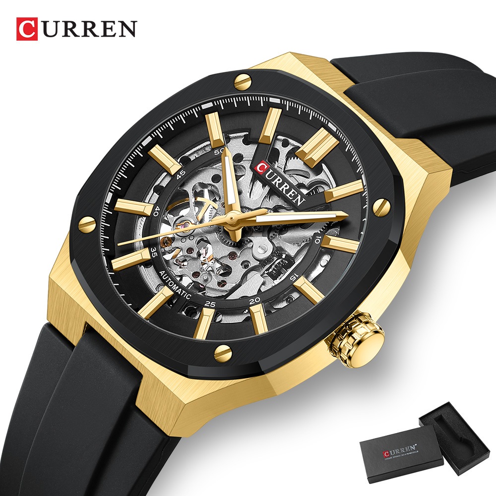Curren Relógio Mecânico Automático Masculino Esqueleto Volante