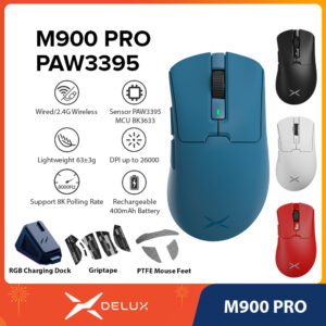 Delux M900 Pro Mouse Para Jogos Azul DPI Max 26000 Com Fio 2.4G Sem