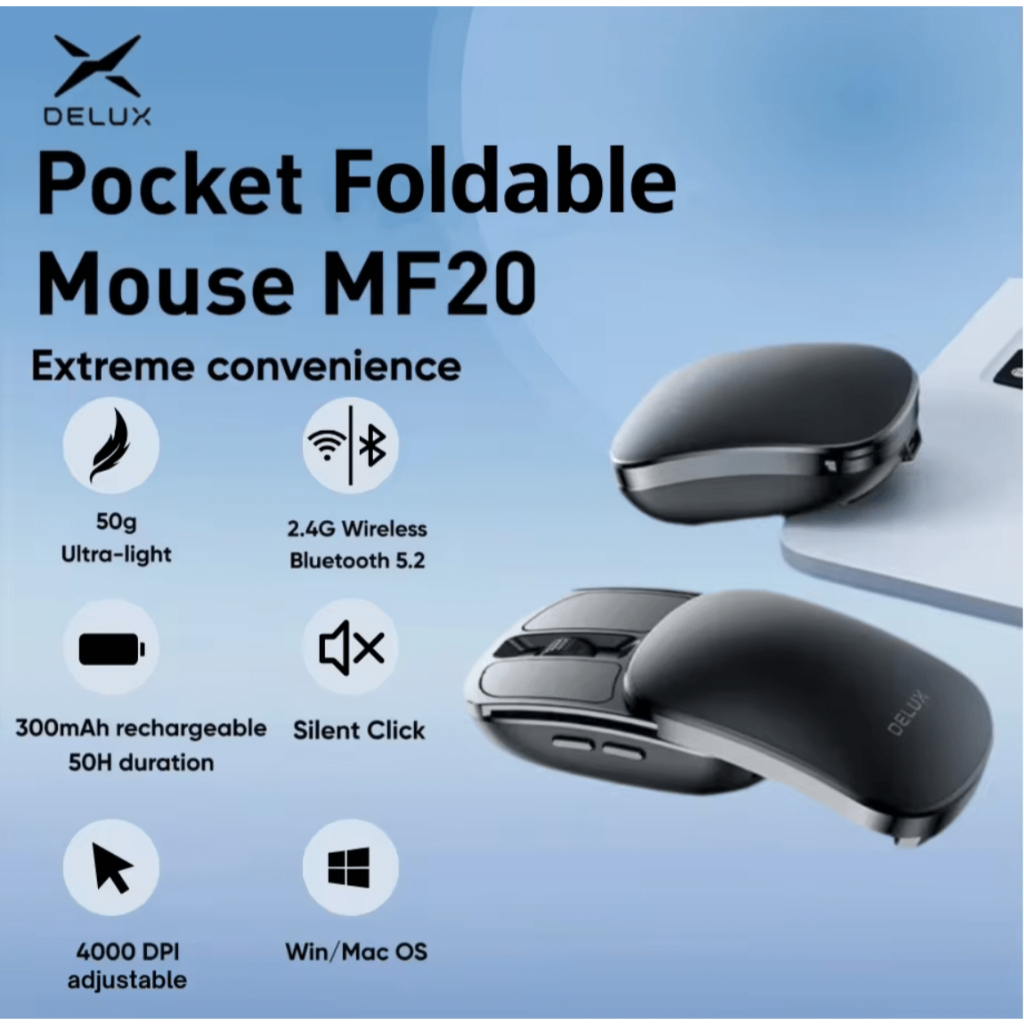 Delux MF20 Mouse Dobrável Sem Fio Ultraleve 50g Portátil Silencioso — Informática