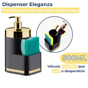 Dispenser Para Detergente Bucha de Pia Preto Dourado Suporte