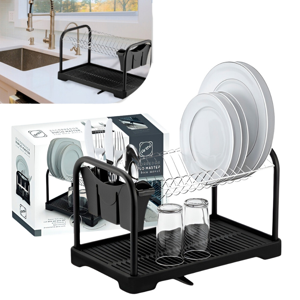 Escorredor De Louça Pratos Talheres Copos Grande Aço Cozinha Duplo — Cozinha e Utensílios