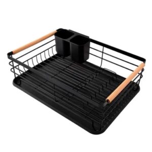 Escorredor de Louça Preto em Metal com Madeira 43x32cm Design Moderno