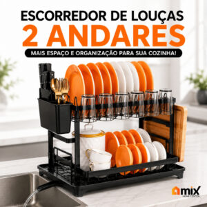 Escorredor de Louças 2 Andares Preto Bandeja Coletora Dreno 360°