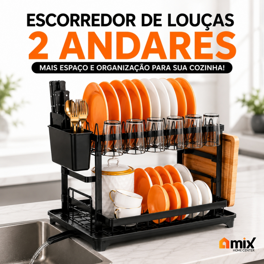 Escorredor de Louças 2 Andares Preto Bandeja Coletora Dreno 360°