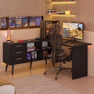 Escrivaninha Em L Mesa Para Computador Gamer 3 Gavetas Preto Lisboa