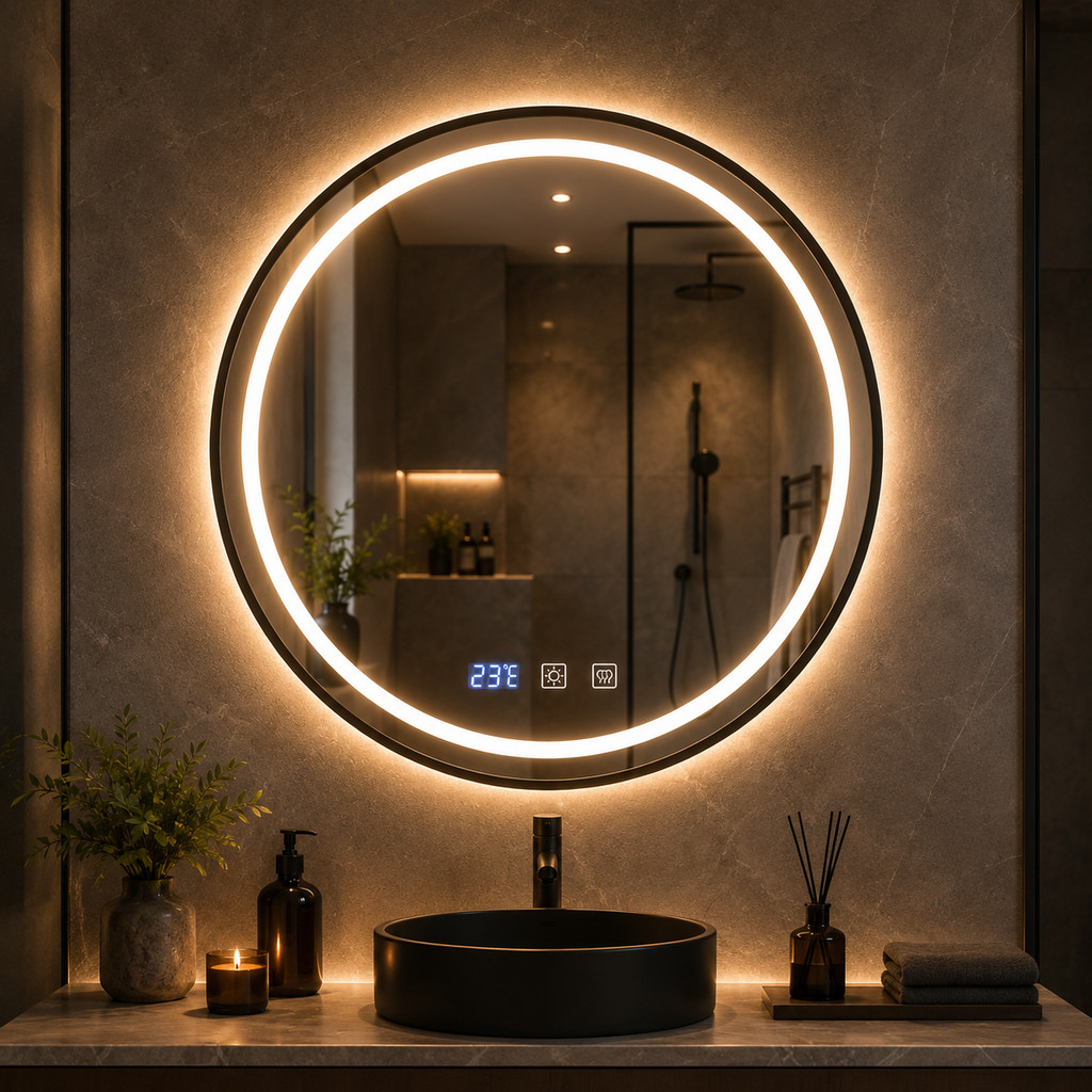 Espelho Redondo Led Iluminado 3 Cores Relógio Temperatura 40cm Preto