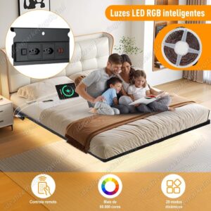 Estrutura De Cama De Metal Flutuante Casal C tomada+rgb Led Preto Hot