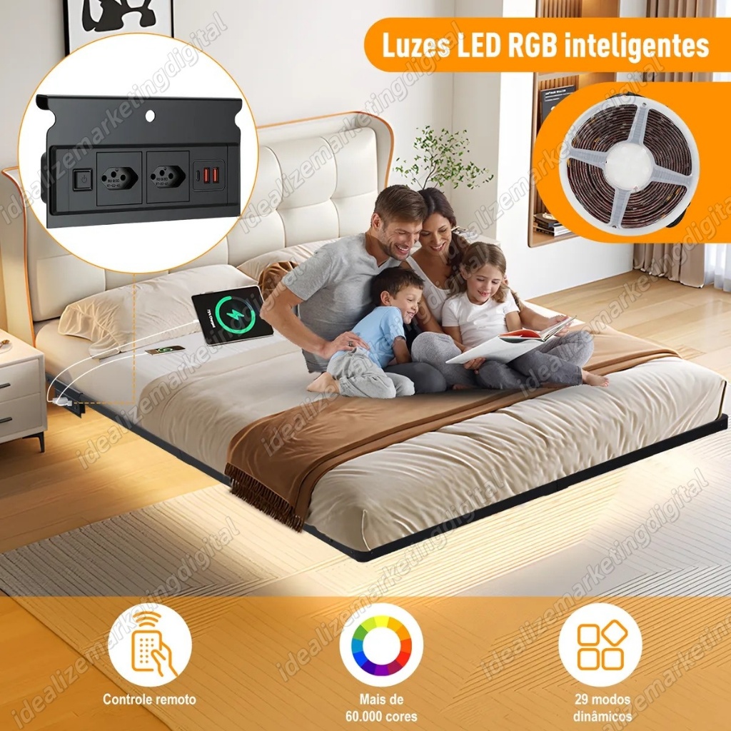Estrutura De Cama De Metal Flutuante Casal C tomada+rgb Led Preto Hot