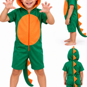 Fantasia Infantil Dinossauro de Luxo Kigurumi Curto Com Capuz Zíper e