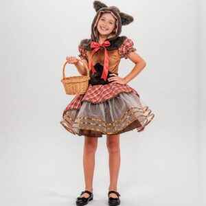 Fantasia Infantil Feminina de Lobinha Lobo de Luxo com Vestido Xadrez