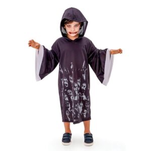 Fantasia Infantil Halloween Tunica Preta Com Capuz e Caveiras
