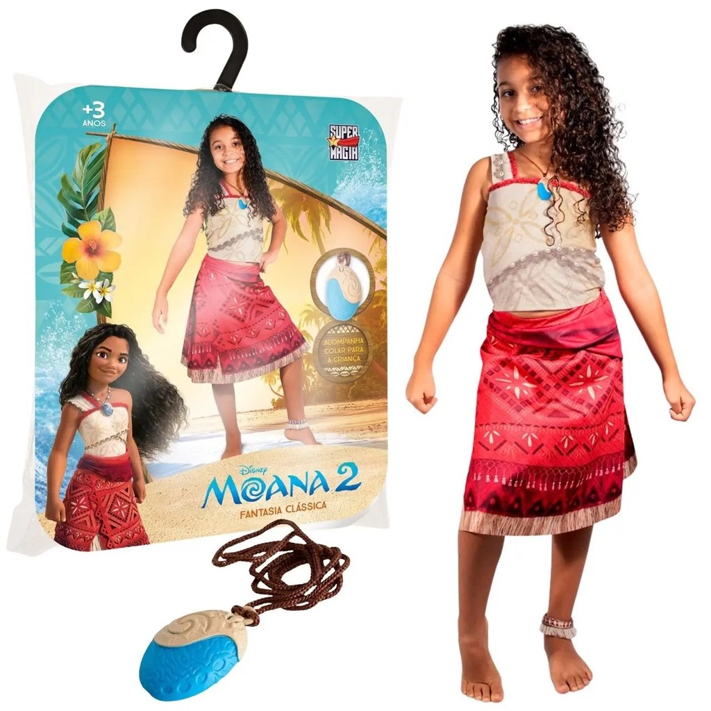 Fantasia Infantil Moana 2 Com Colar Super Magia Nova Brink