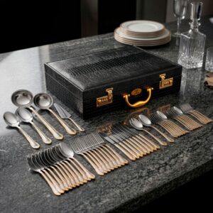 Faqueiro 84 Peças Talheres Inox Detalhes Dourados Banhado A Ouro