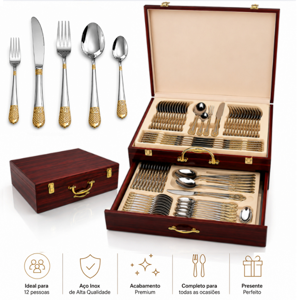 Faqueiro Completo 84 Peças Düsseldorf com Maleta de Madeira Premium — Cozinha e Utensílios