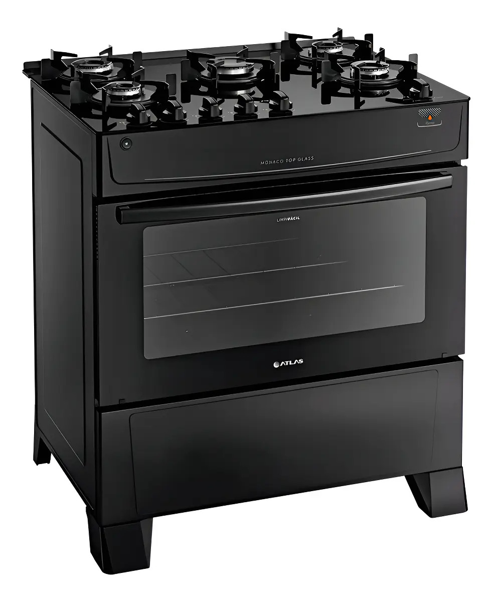 Fogão Atlas 5 Bocas preto Mônaco Top Glass com Acendimento automático — Cozinha (grandes)