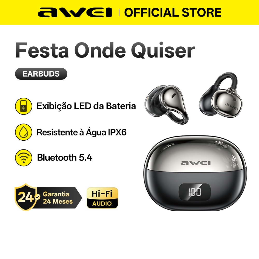 Fone de Ouvido Awei Bluetooth 5.4 Clip-On Confortável Esportivo Sem