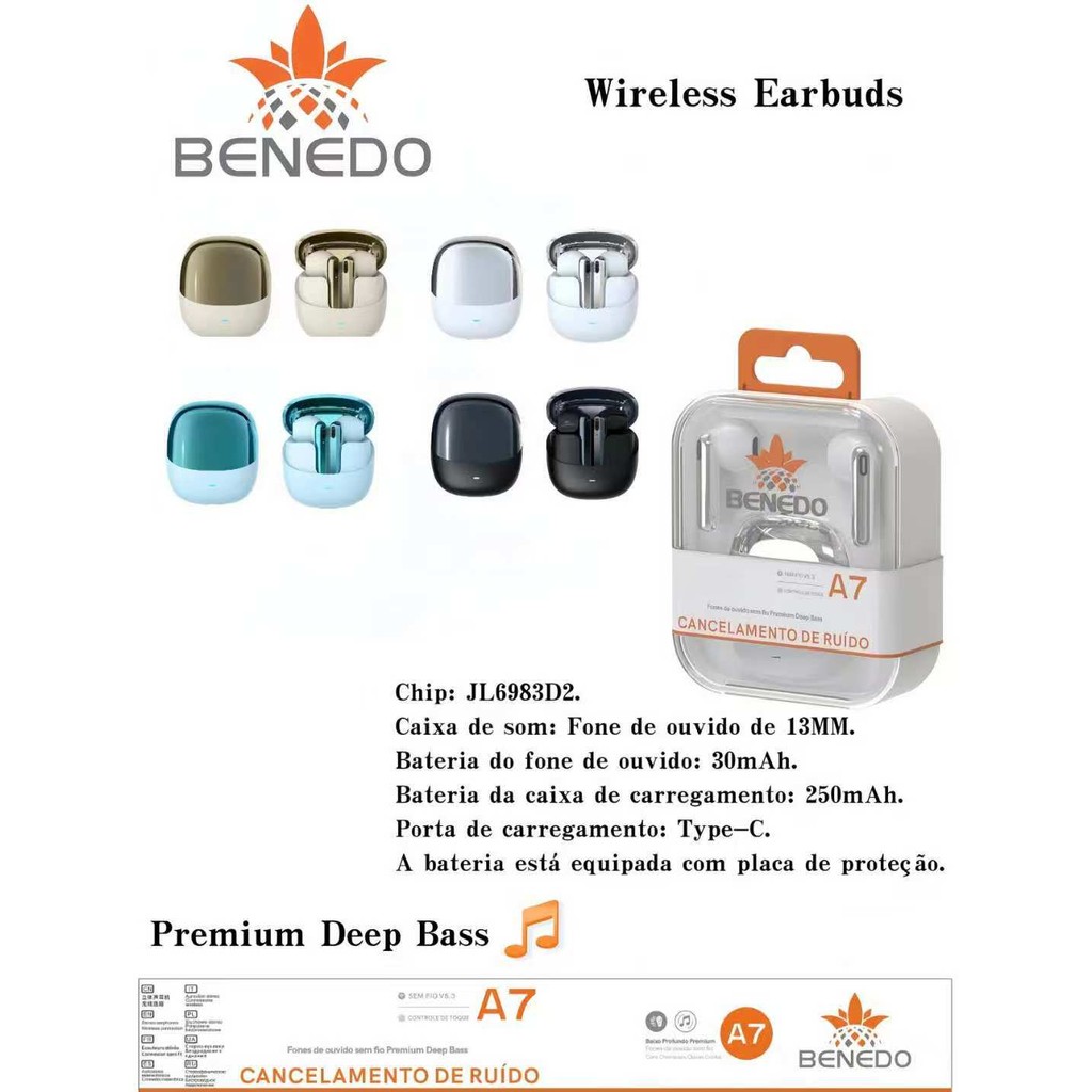 Fone De Ouvido Benedo A7 Graves Altos Inteligente Bluetooth 5.3 sem