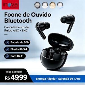 Fone de Ouvido Bluetooth 5.4 Inova Tws Sem Fio Hi-Fi com Estojo e